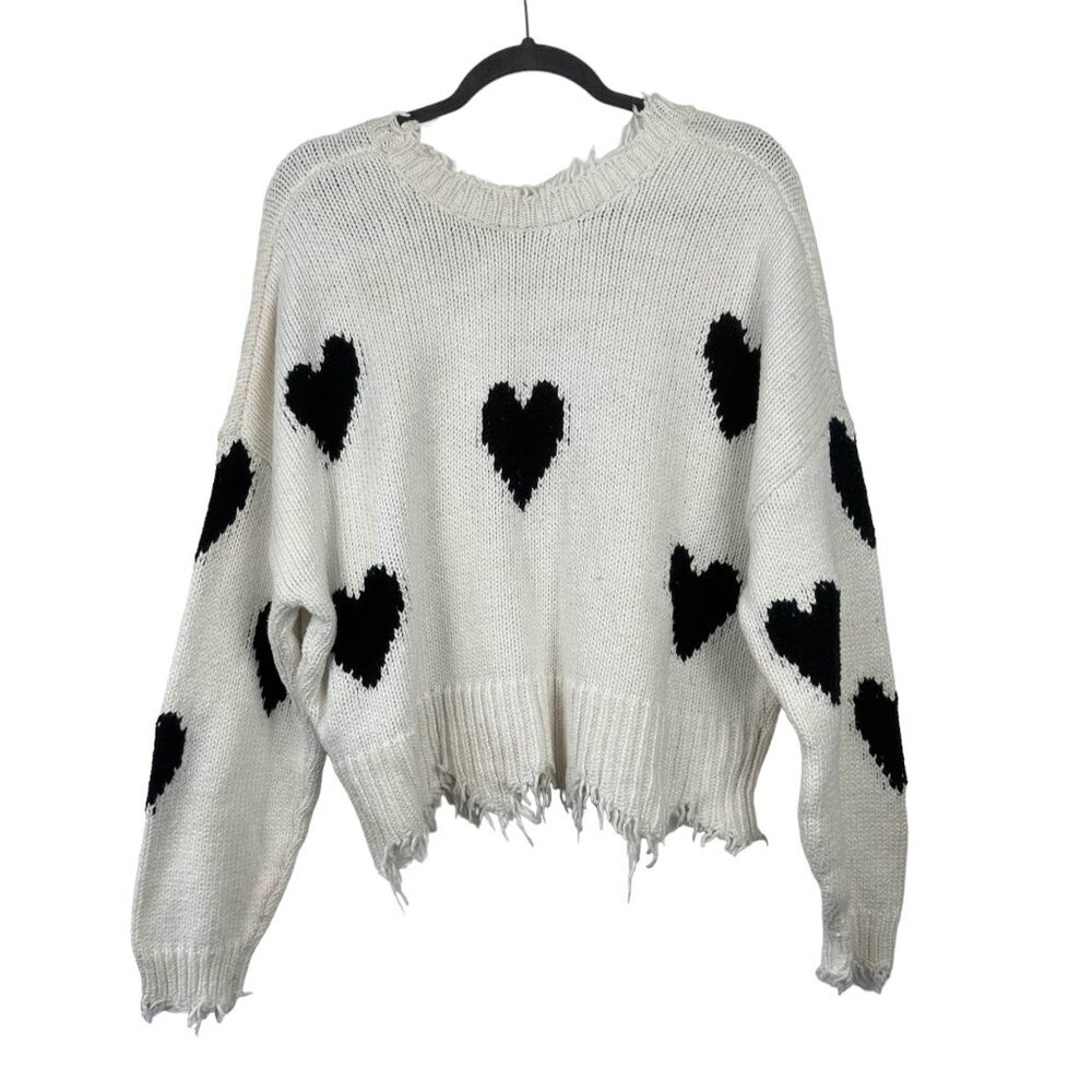 WILDFOX Heart Sweater Sz Small White Black V Neck Oversized Fringe Raw Hem Knit - Picture 3 of 13